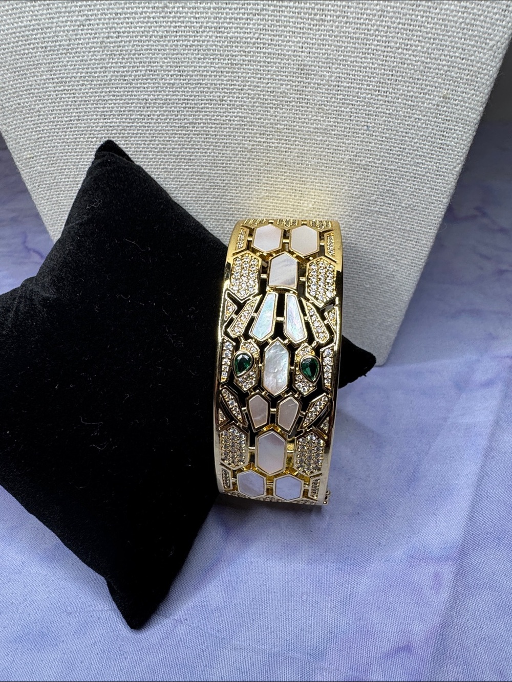 Gold-Tone Snake Cuff Bracelet with White Inlay and Green Stone Eyes - Picture 7 of 8